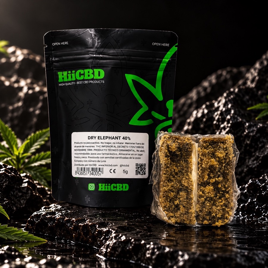Dry Elephant 40% de HiiCBD, bolsa de 5 g con el bloque partido