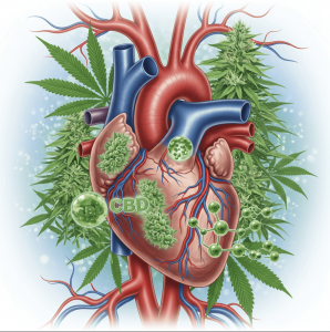 Ilustración científica que combina el corazón humano con elementos de cannabis (CBD), destacando su posible interacción y beneficios para el bienestar
